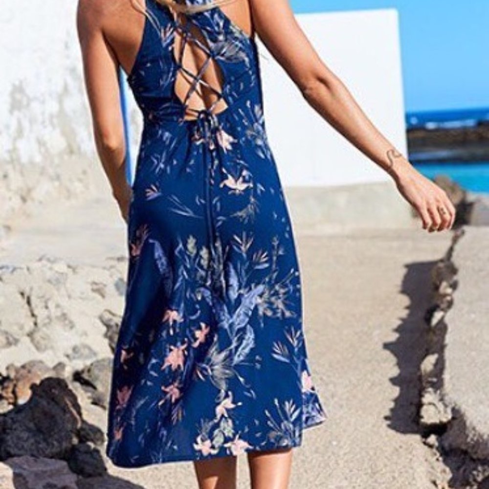 ROXY Lace-up back summer sleeveless strappy dress. Navy blue floral. Size XS